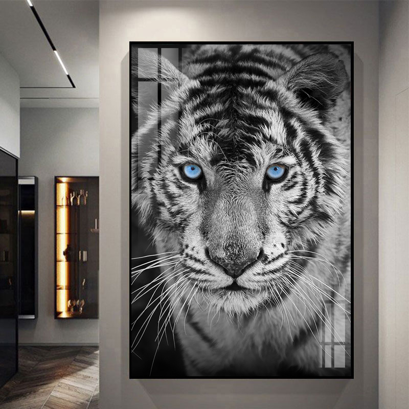 Tiger lion wall art hanging painting living room background wall decoration wild tiger black and white animal mural painting