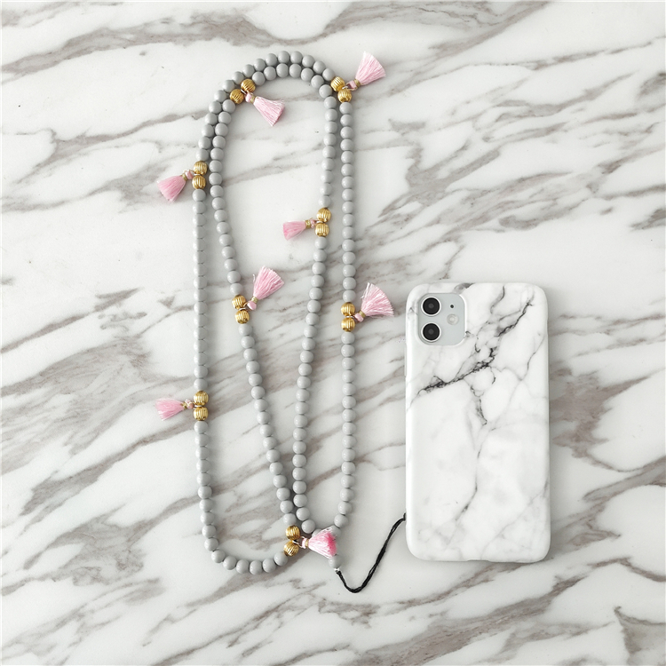 Handmade Customized Acrylic Plastic Pearl Wooden Bead Tassel Phone Case Neck Strap Crossbody Bag Necklace Chain Purse Lanyards