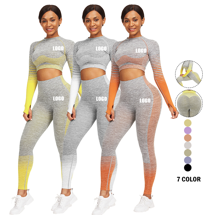 Custom Logo Tight Elasticity Crew Neck Crop Top And High Waist Pants Workout Running Sport Wear Girls Tank Top Sports Suit