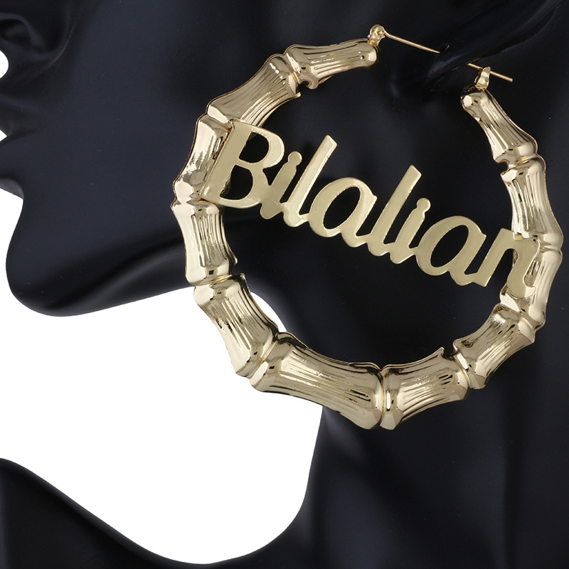 14 K Gold Plated Customized Alloy Metal Geometric Hoop Hip Hop Bamboo Knots Letters Earrings For Women