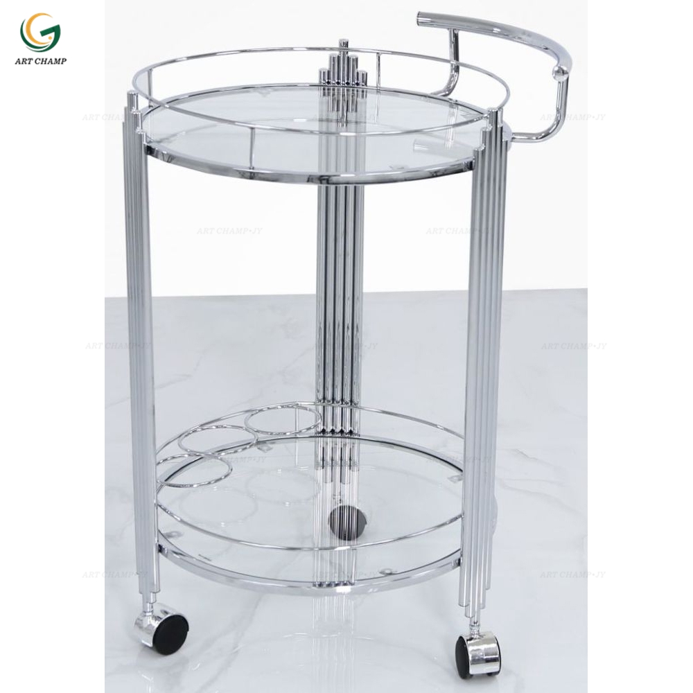 Silver Eletroplated Metal Furniture Tempered Glass Hotel Wine Serving Bart Cart Trolley