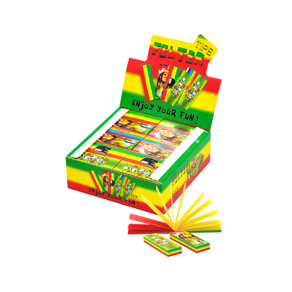 Оптовая продажа, насадки для фильтров Bob Marley Rasta трех цветов, перфорированные, ширина 18 мм, 60 брошюр в коробке