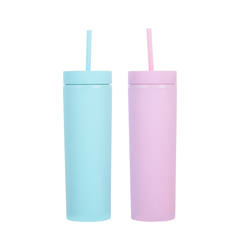 Wholesale 16OZ Colorful Double Walled Acrylic Plastic Pastel Matte Skinny Tumbler Cups In Bulk with Straws And Lids