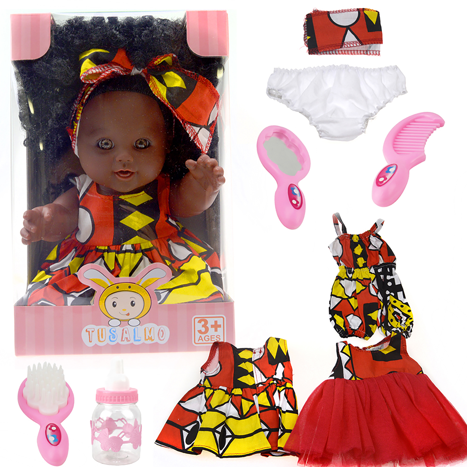 Tusalmo toys Dolls Baby African For Girl Hair American vinyl Skin body Afro African Plastic 12Inches Black Doll