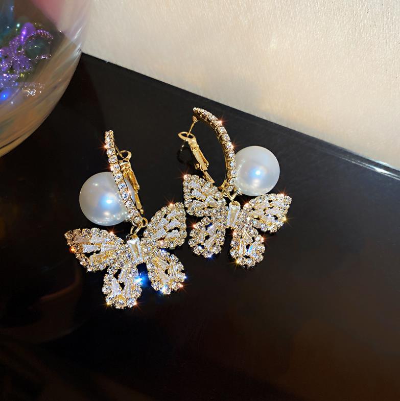S925 Silver Needle Exaggerated Butterfly Pearl Earrings Full Rhinestone Long Fashion Temperament Ear Hooks