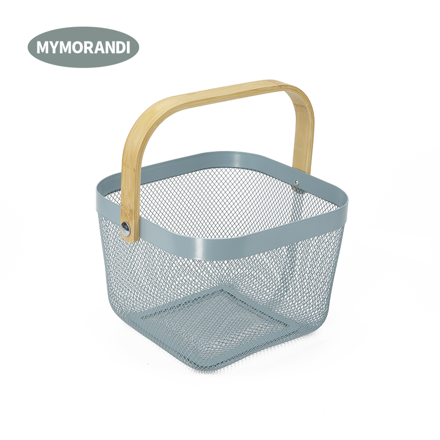 Home storage baskets kitchen bath toy metal organizer wire mesh fruit storage basket with wooden handle