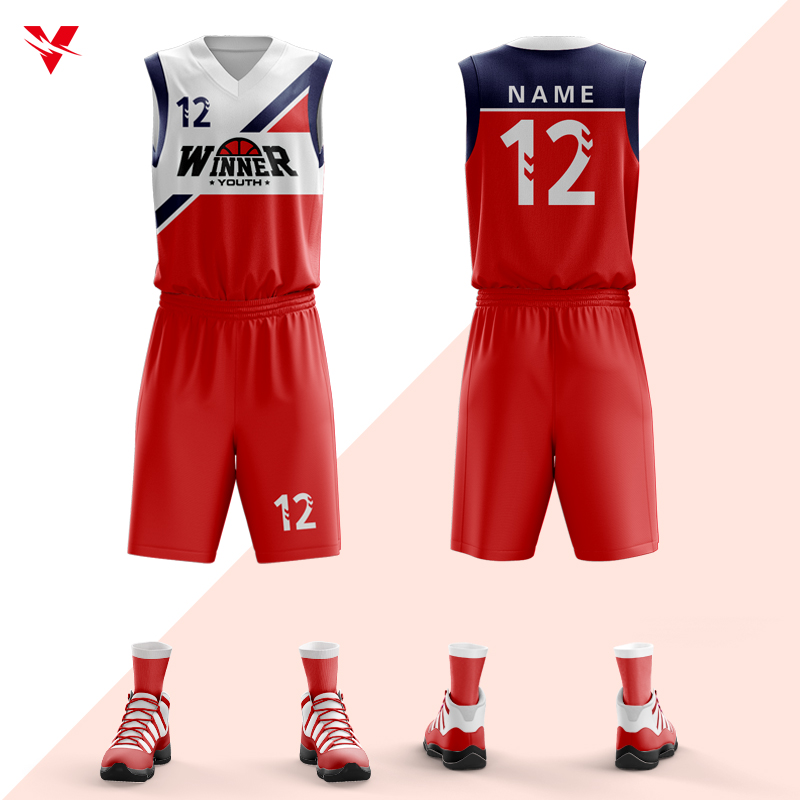 Wholesale Custom Tackle Twill College Basketball Jerseylight Blue And Red Quick Dry Throwback Basketball Shirt With Pockets