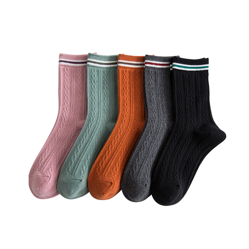 New women's long tube girl socks spring breathable twist tube women socks solid color stripe cotton school socks
