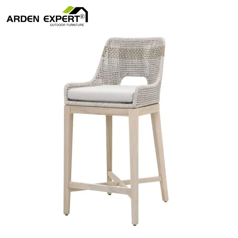 Arden Expert Outdoor Barstool Modern Outdoor Living Intricate Crisscorss Rope Woven Teak Frame Coastal Style Counter Teak Chair