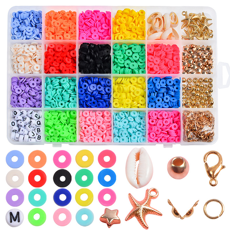 24 Grid Colorful Flat Round Polymer Clay Spacer Beads Kit with Pendant for DIY Jewelry Making for Kids