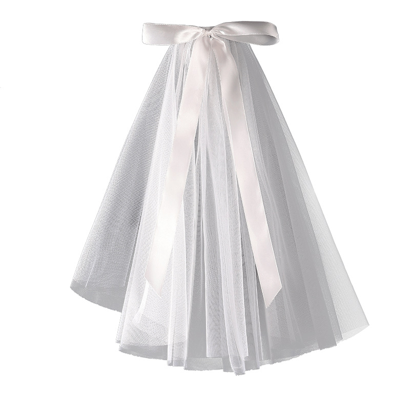 O-V001 Wholesale high Quality Satin Ribbon Bowknot Two Layer Wedding Veil With Comb For Wedding Hen Party Ins Photo Props