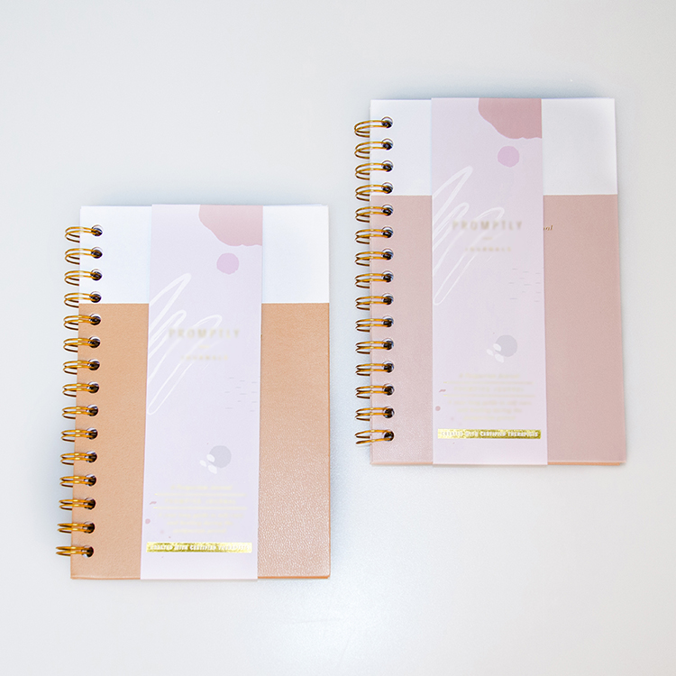 custom hardcover pu leather pink and white splice cover dot grid line self care day week annual goal spiral journals 2021
