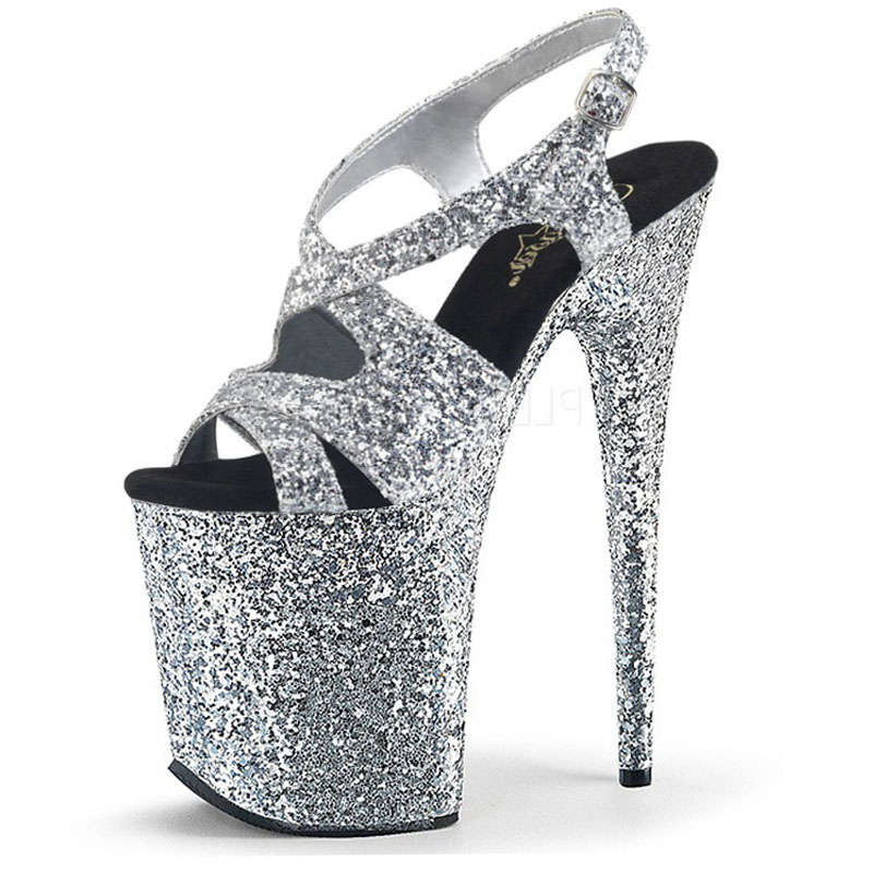 Silver glitter powder banquet star model catwalk 20 cm high heels summer new leaky toe 8-inch stripper leaky toe sandals