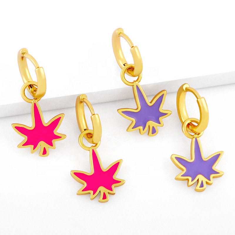 2021 new tide leaves small number of design sense earrings lovely personality drop oil maple leaf bright color earrings