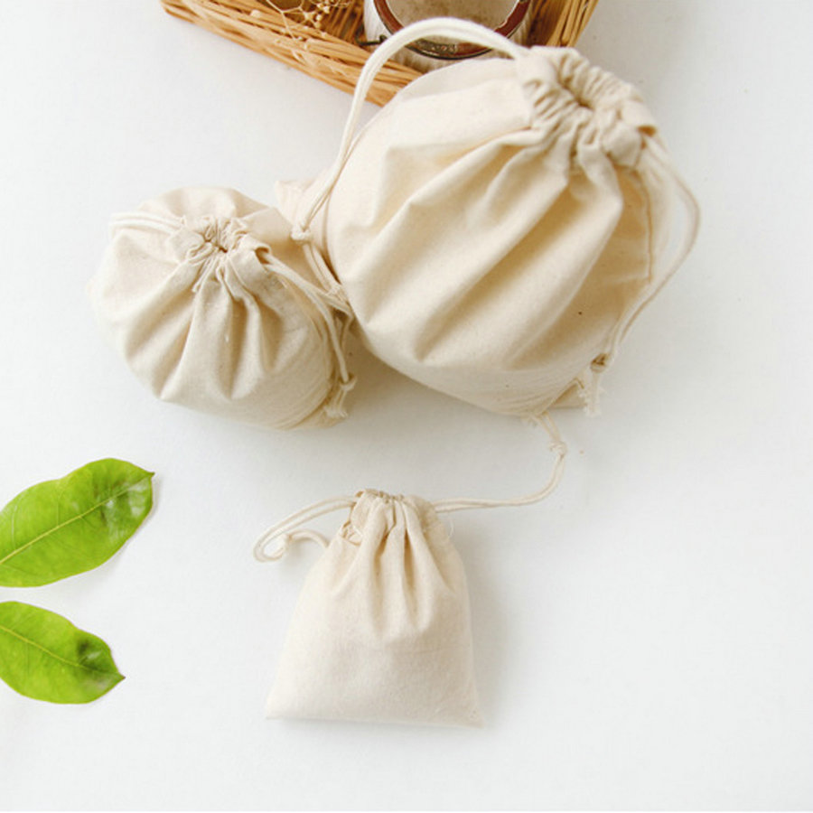 Custom natural unbleached cotton rope drawstring pouch logo printed small cotton gift bag