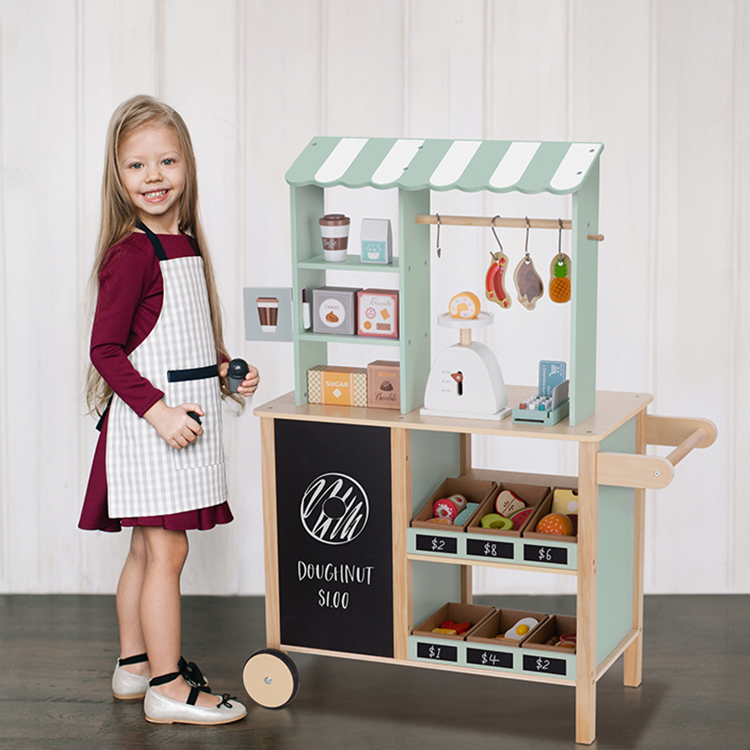 Children's Play Wooden Kitchen Toy Simulated Stall Cash Register Supermarket Shopping Cart Toys For Kids