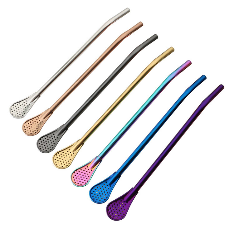 2 In 1 Function Creative Fun Reusable Straight Straw Stainless Steel Drinking Straw Spoon For Bar Juice