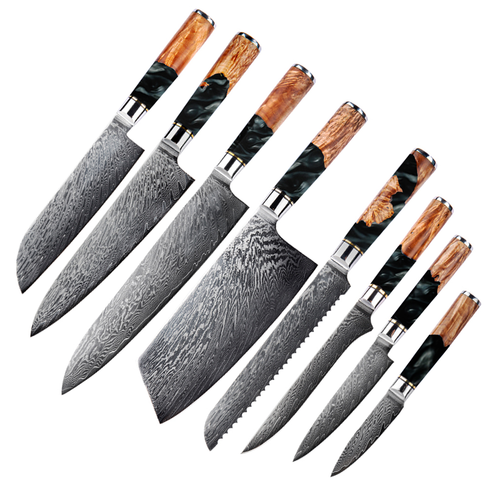 Manufacturer supply OEM set of knives kitchen VG10 carbon steel gyuto chef knife damascus kitchen knife with wooden handle