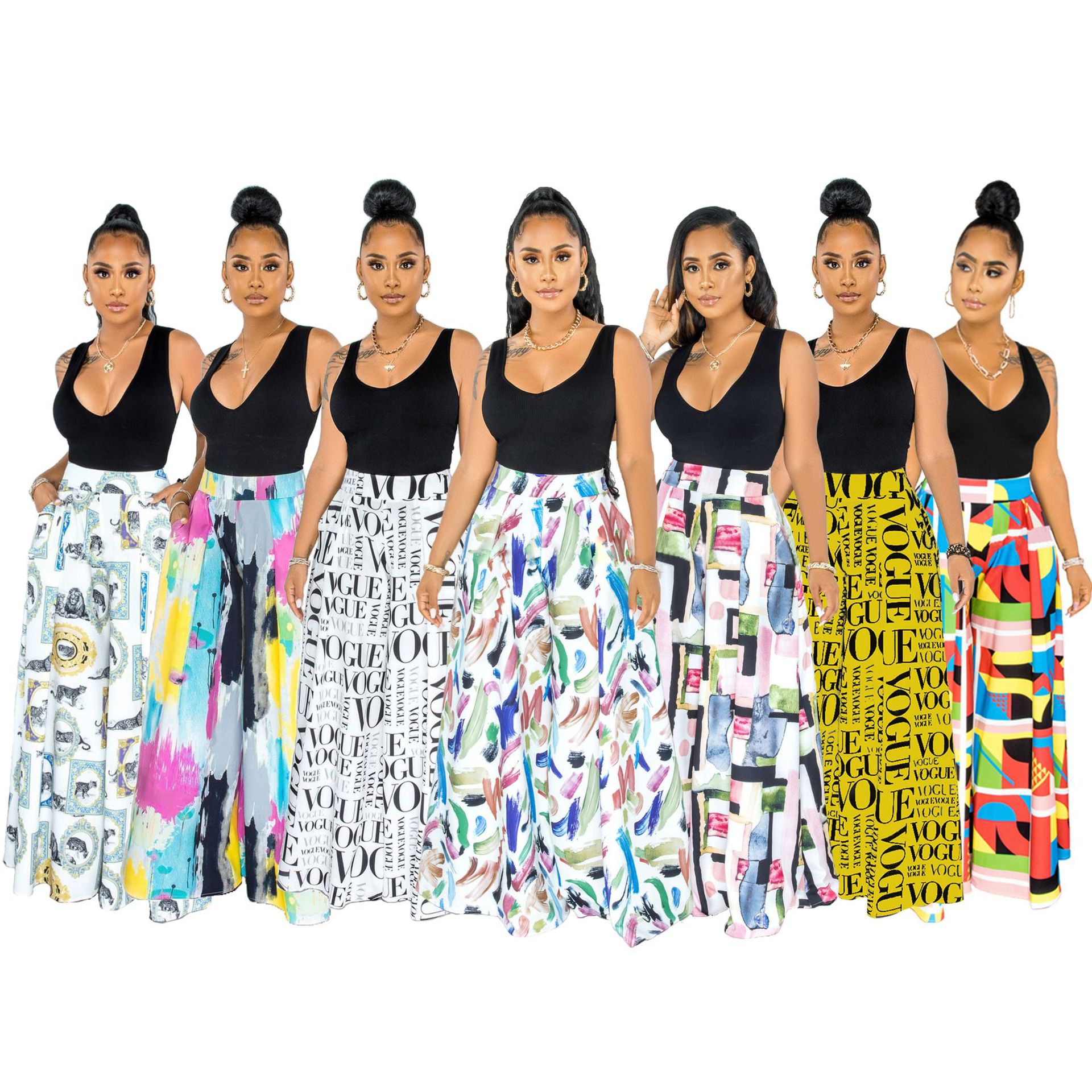 2021 summer casual fashion women ladies comfortable loose Wide leg Printed High waist women's trousers & pants for fat women