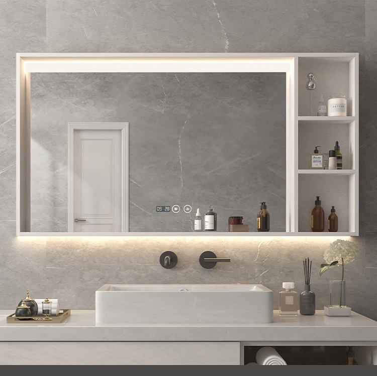 make up mirror with led light Smart Waterproof Bathroom Furniture Modern Storage Bathroom Mirror Cabinet With Led Light