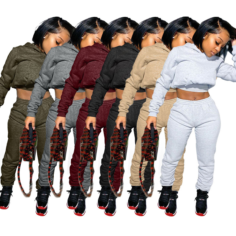 2021 fall winter womens clothings ladies crop top hoodie set custom logo long sleeves hoodies and sweat pants two piece set