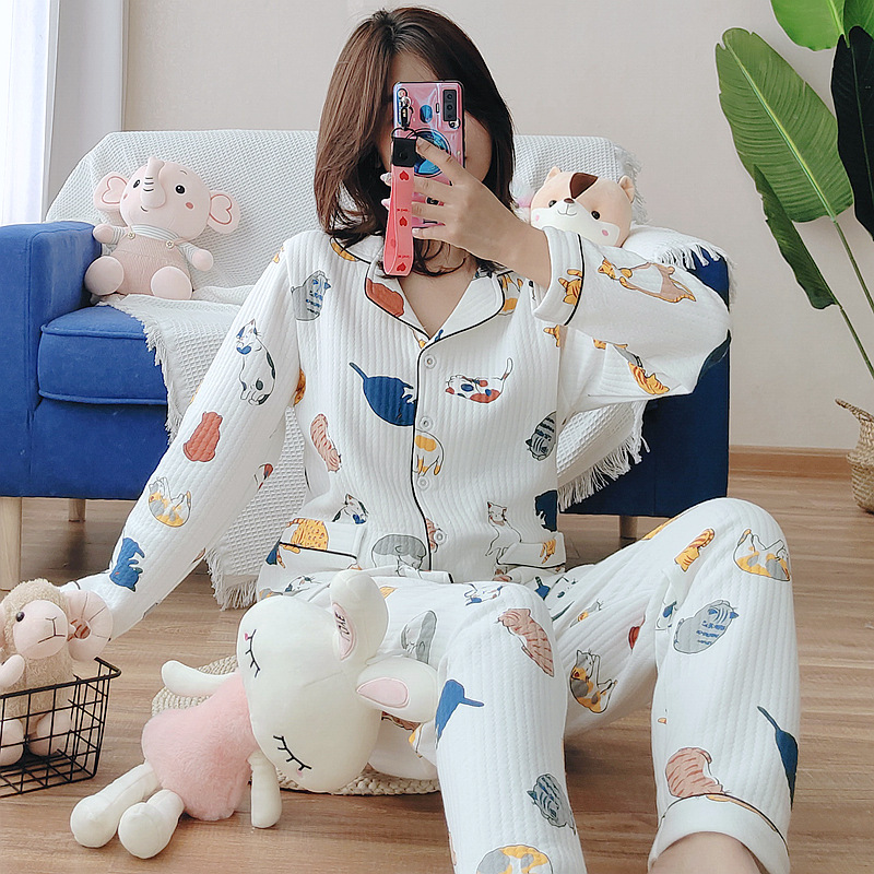 autumn winter fashion womens cute cat printed customized air layer pajamas sets sleepwear cotton