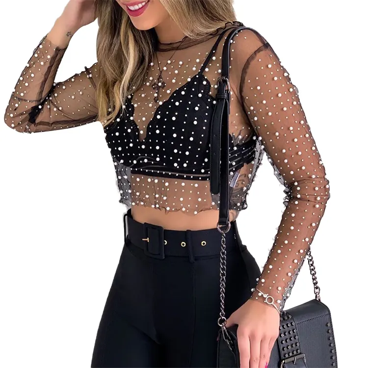 High quality beads perspective sexy lace top seller amazon for women top crop women