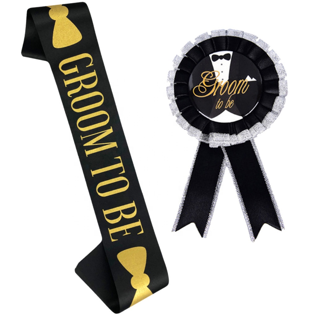 Hot sell Bachelorette Party bride Groom to Be satin Sash with tinplate Badge