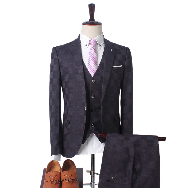 2021 Wholesale Plaid Italian Slim Fit Formal Wedding One Button Business 3 Pieces Sets Suits for Mens Blazer+Vest+Trousers