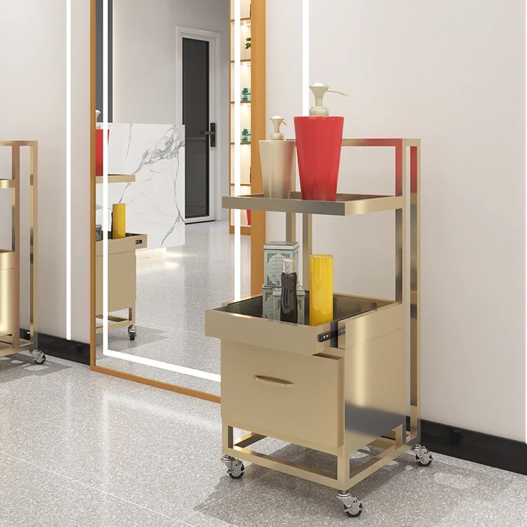 Metal stainless steel gold-plated barber trolley with holes for hair dryer with wheels suitable for barber shops