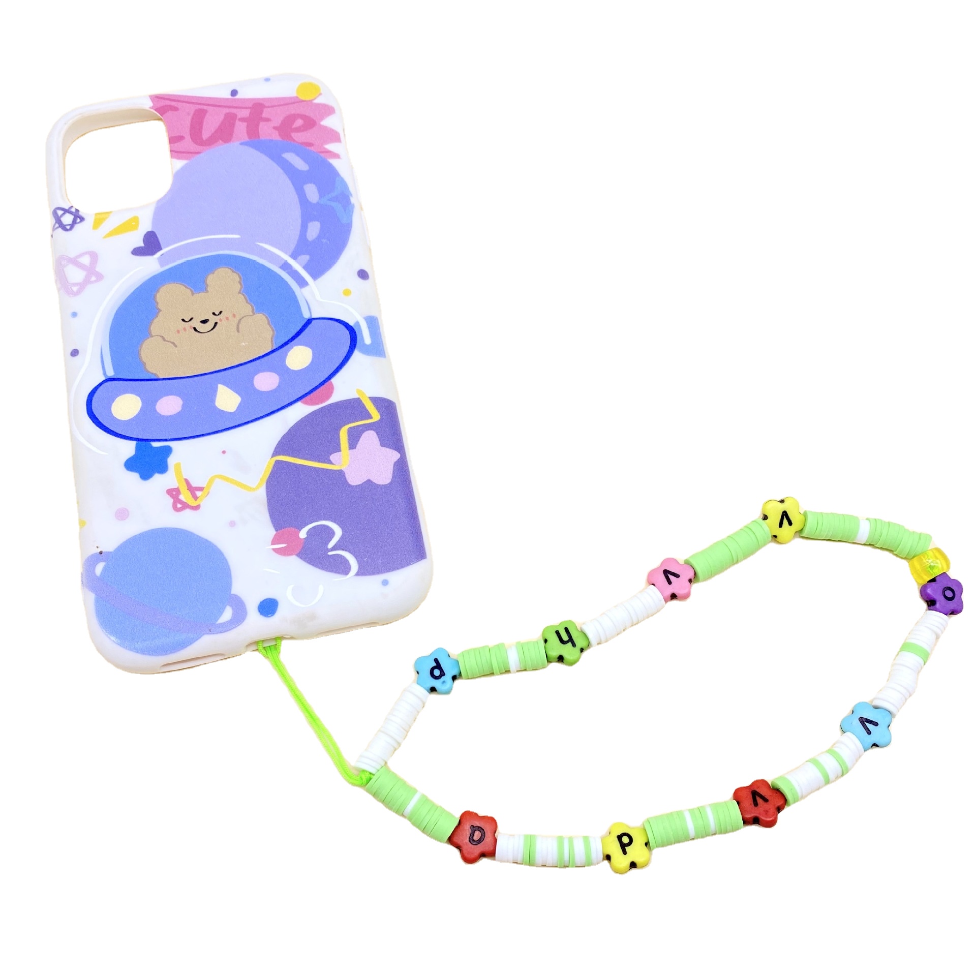 2021 New Fashion Handmade Beaded Phone Charms Strap Acrylic Polymer Clay Beads Pearl Smiley Face Star Phone Lanyard Accessory