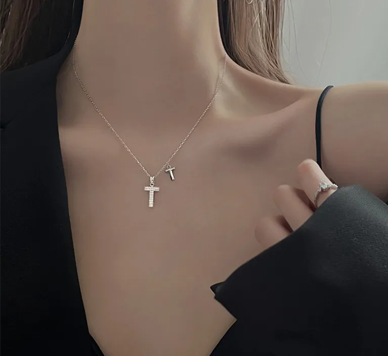 T-shape Women's Diamond studded English letter T Necklace