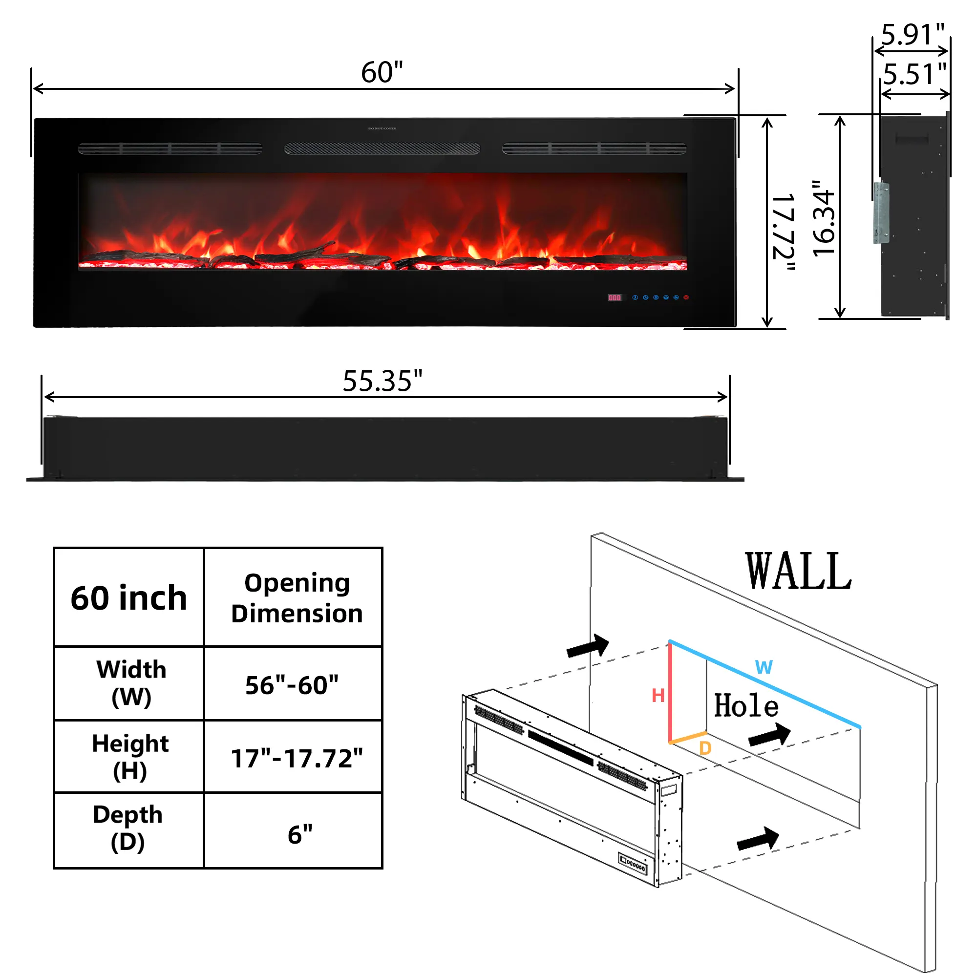 Luxstar 36"42"50"60"72"80"84"88"Hot Sale Electric Heater Fireplace Indoor 13 Colors Recessed and Wall mounted Heaters