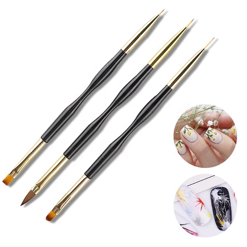 3pcs/set Dual-End Line Drawing Nail Art Brush Painting Acrylic Set For Art Nail Brush Black Handle UV Gel Brushes For DIY Nails