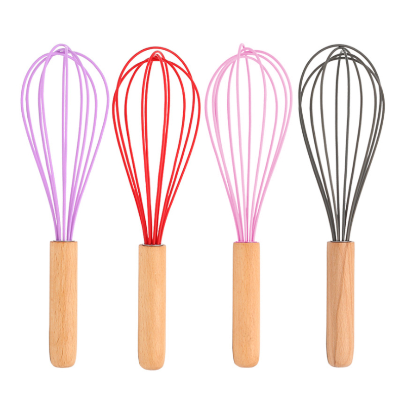 10inch Food Grade Home Baking Utensils Silicone with Wood Handle Manual Egg Whisk