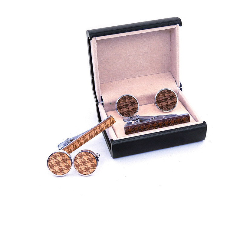 High quality Wooden mens cufflinks Tie Clips Set With Gift Box Package