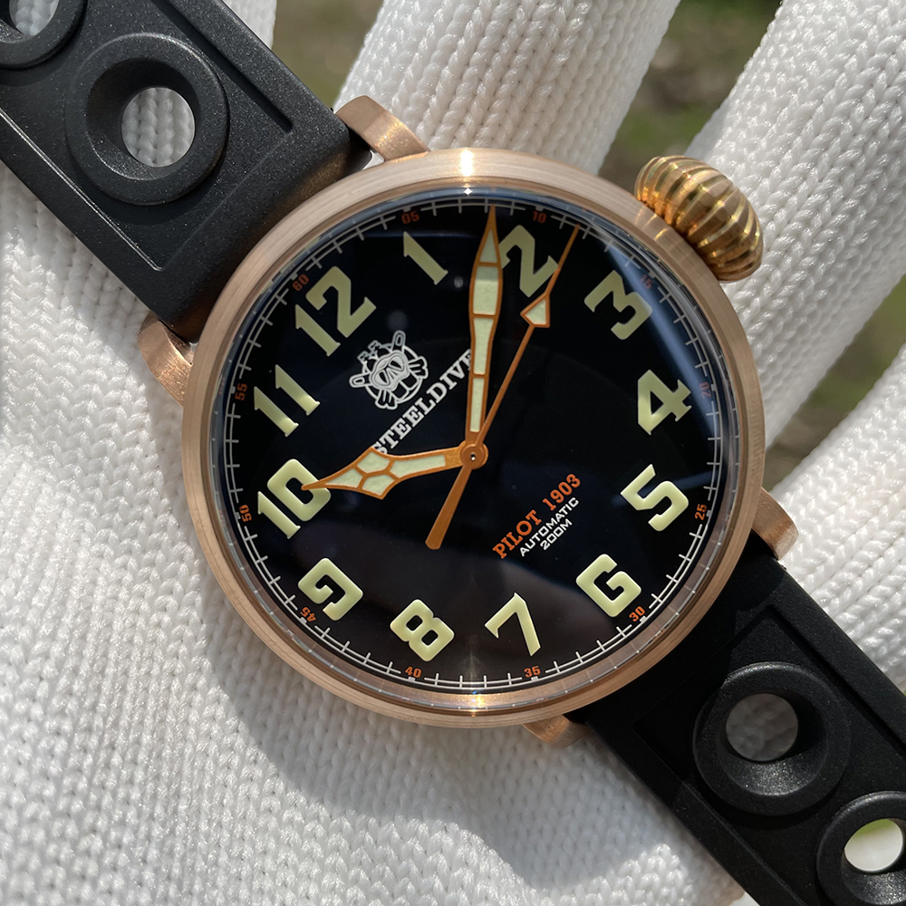Часы Steeldive SD1903S мужские большого размера, суперсветящиеся с корпусом из твердой бронзы, уникальная Корона C3, 200 м, 20 АТМ, для дайвинга