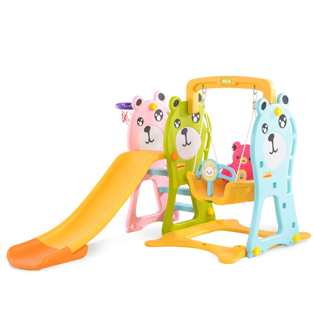 Hot selling three bear theme children plastic mini indoor slide and swing set