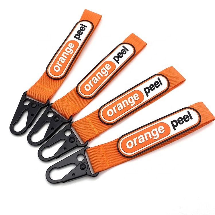YYX Custom 15*2.5 cm orange color PP strap lanyard pvc rubber patch logo bulk wristlet keychain with carabiner hook