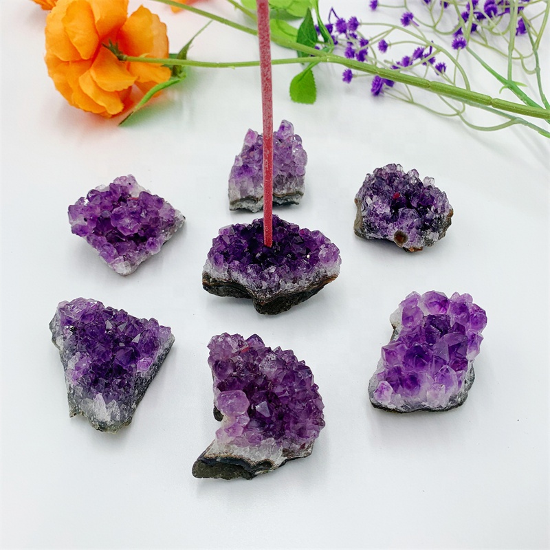 New Arrival Natural Folk Crafts Reiki Crystals Healing Stones Drilled Purple Raw Amethyst Cluster Incense Holder For Decoration