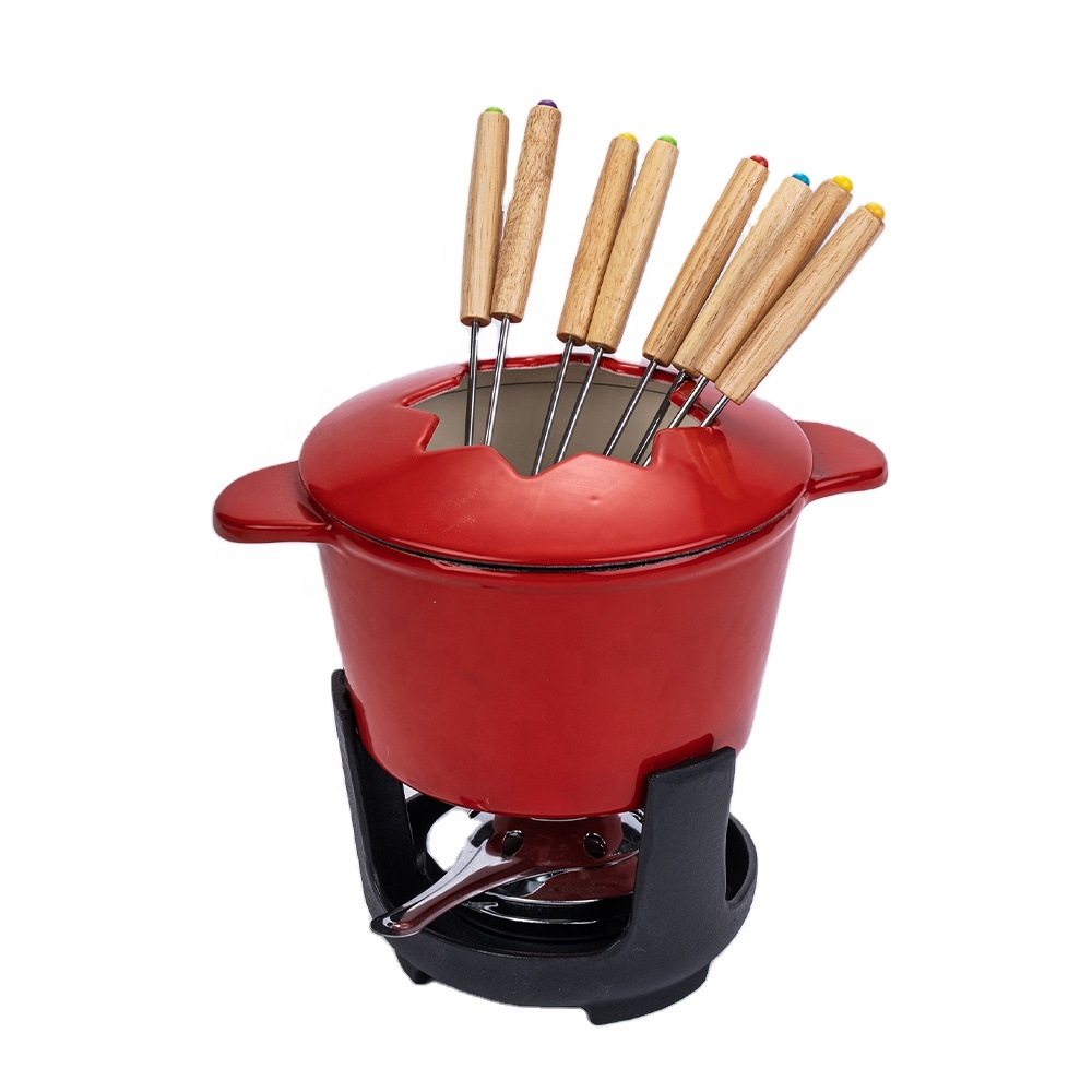 enamel hot pot cast iron fondue pot 8 fondue forks chocolate cheese fondue set with cast iron tray