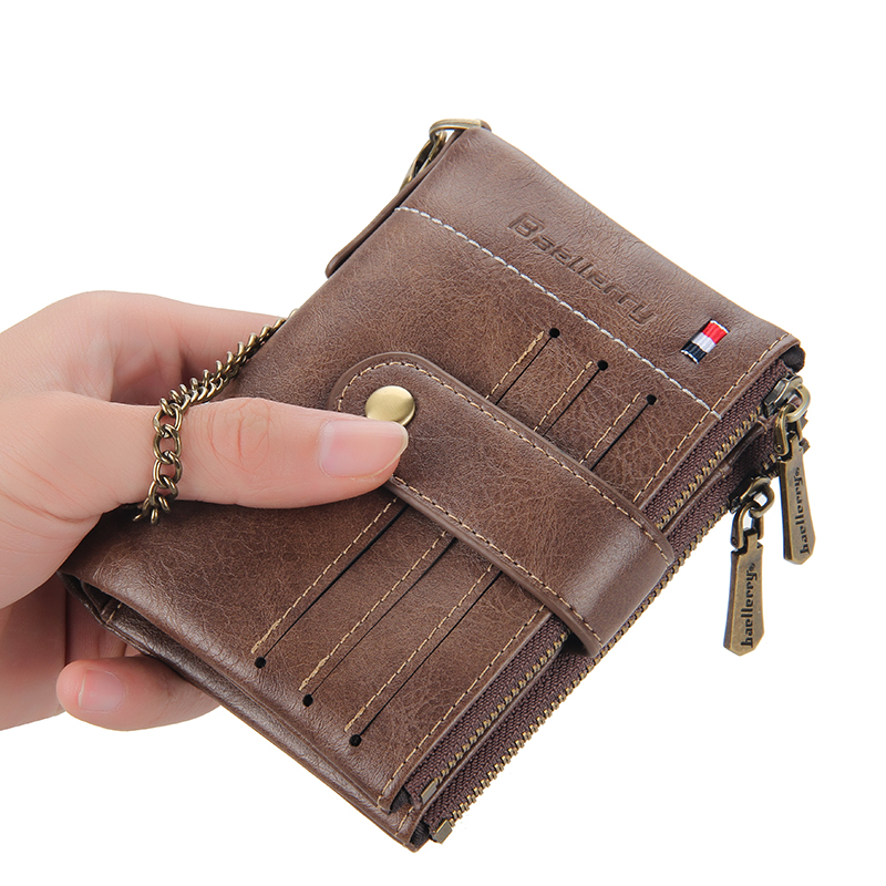 Drop Shipping Mens With Chain Inside Wallets Bostanten Pu Leather Tri-fold Zipper Coin Wallet For Men