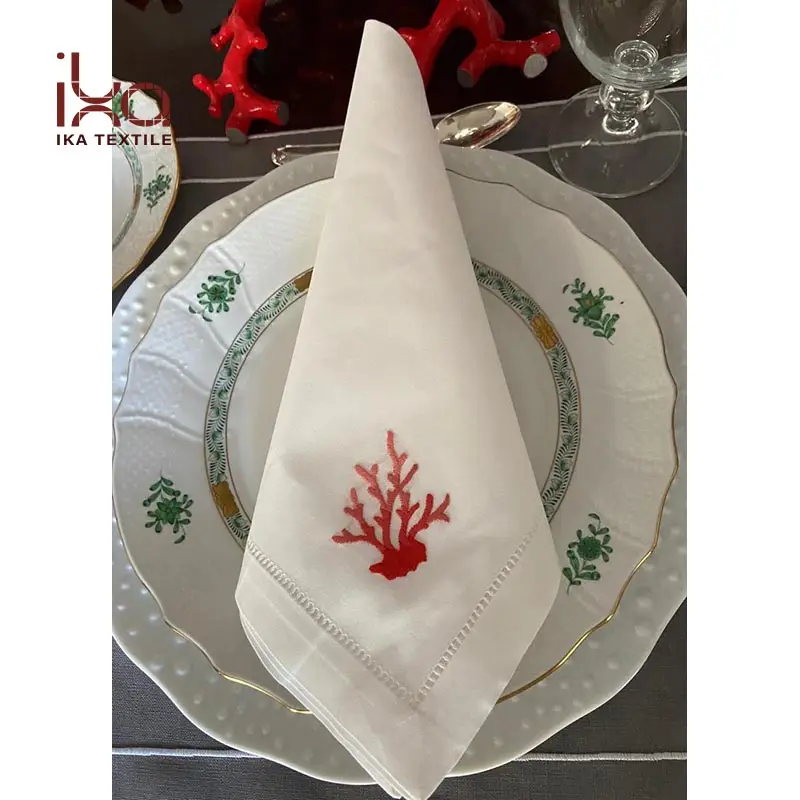 Custom Hemstitching Hostess Wedding Kitchen Gift Coral Fish Embroider Woven Person Table Napkin Cotton Dinner