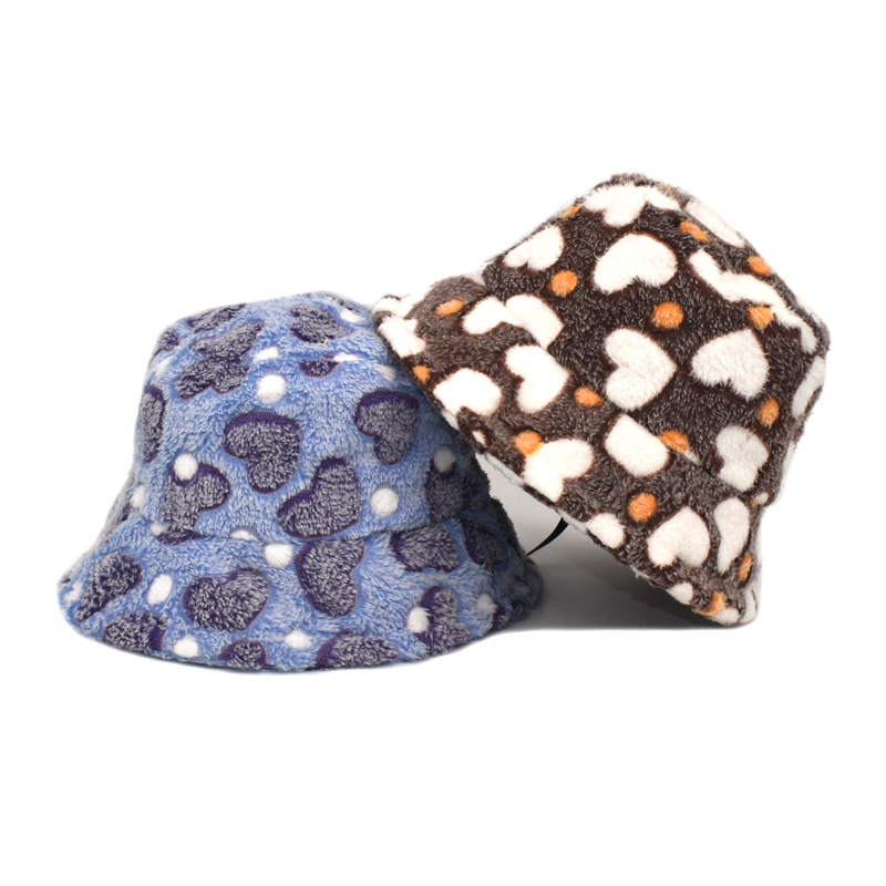 Winter Coral Fleece Women's Fisherman Hats Heart Pattern Multi Color Warmth Thick Custom Fluffy Bucket Hat