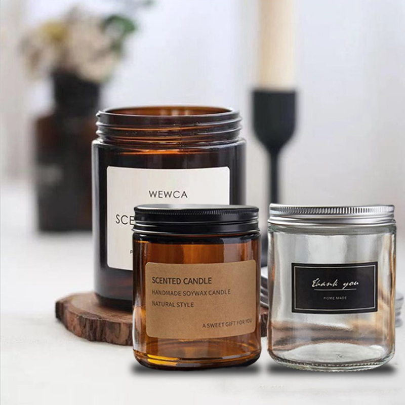modern Metal Lids Clear Amber Glass Containers 4oz 8oz 16oz 100ml 250ml 500ml Empty Recycled Straight Sided Glass Candle Jars