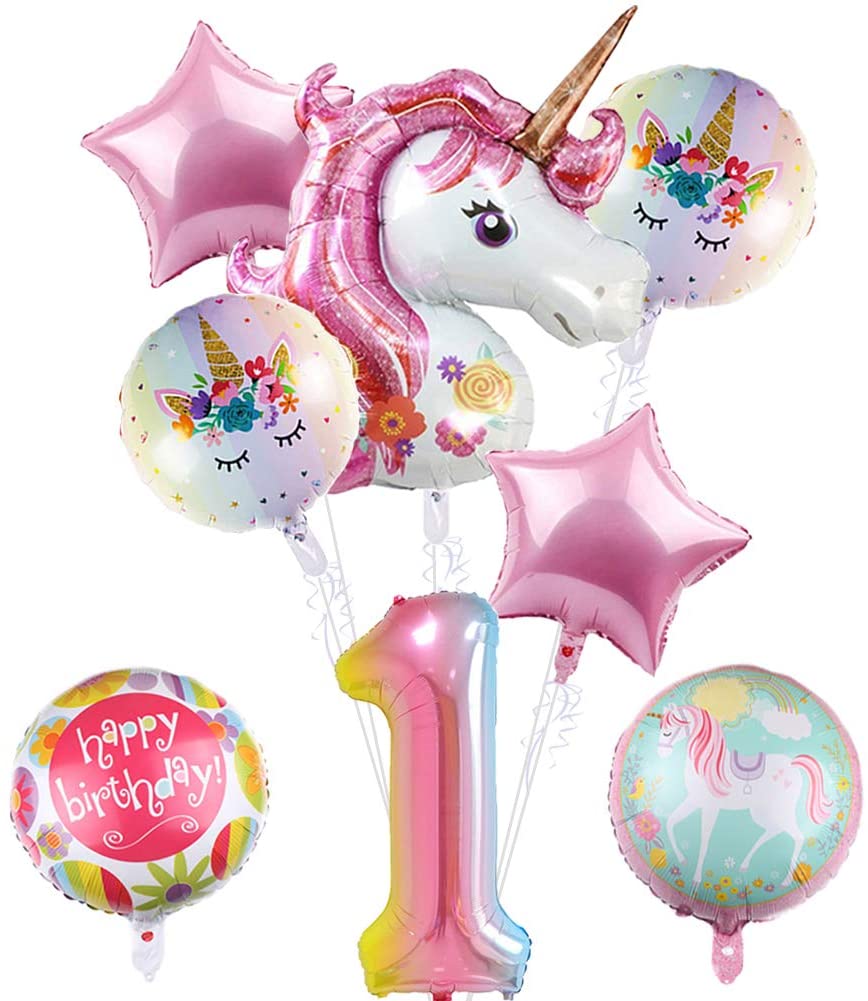 QAKGL 8pcs Large Pink Unicorn Mylar Balloon set for 1st Birthday Balloon Bouquet Decorations Unicorn Theme Party Supplies
