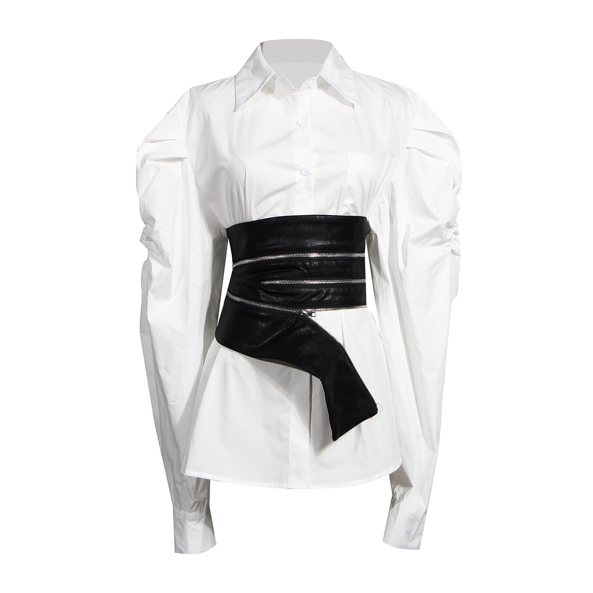 Wholesale 2021 Fall New Fashion Suit Dark Wind Bundled Leather Zipper Body Sculpting Girdle Puff Sleeve Fashion Two-piece Sets