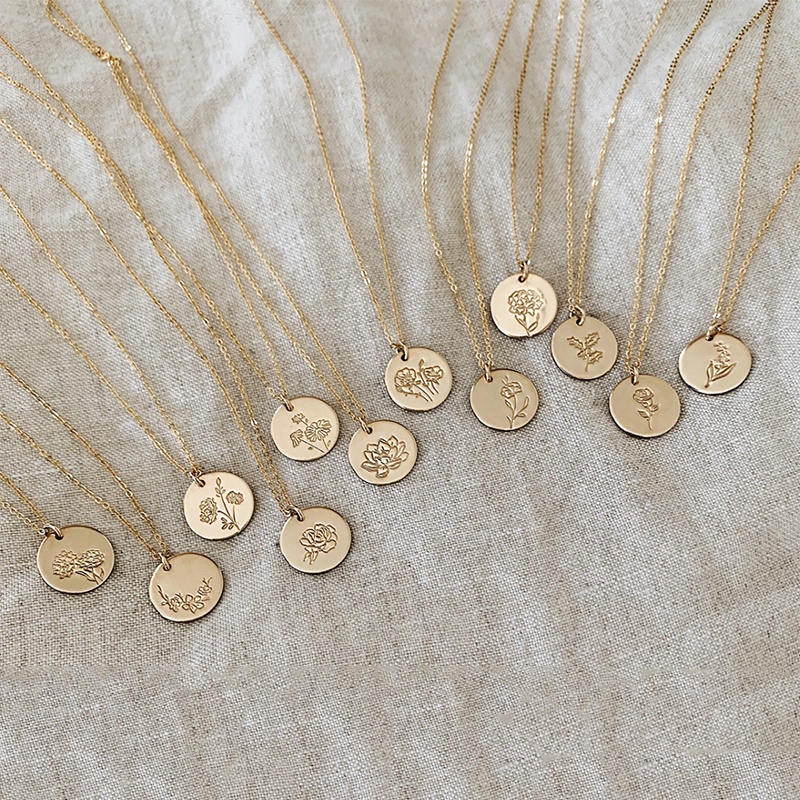 Customized Stainless SteelJewelry Personalized Gold Birth Floral Flower Month Handmade Coin Pendant Necklace For Women