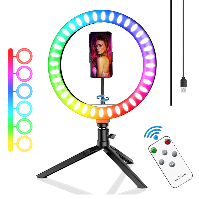 Кольцевой светильник 10 дюймов с регулируемой яркостью, 10 цветов RGB, 10 уровней яркости, со штативом-Треногой, подходит для нанесения макияжа и прямой трансляции видео