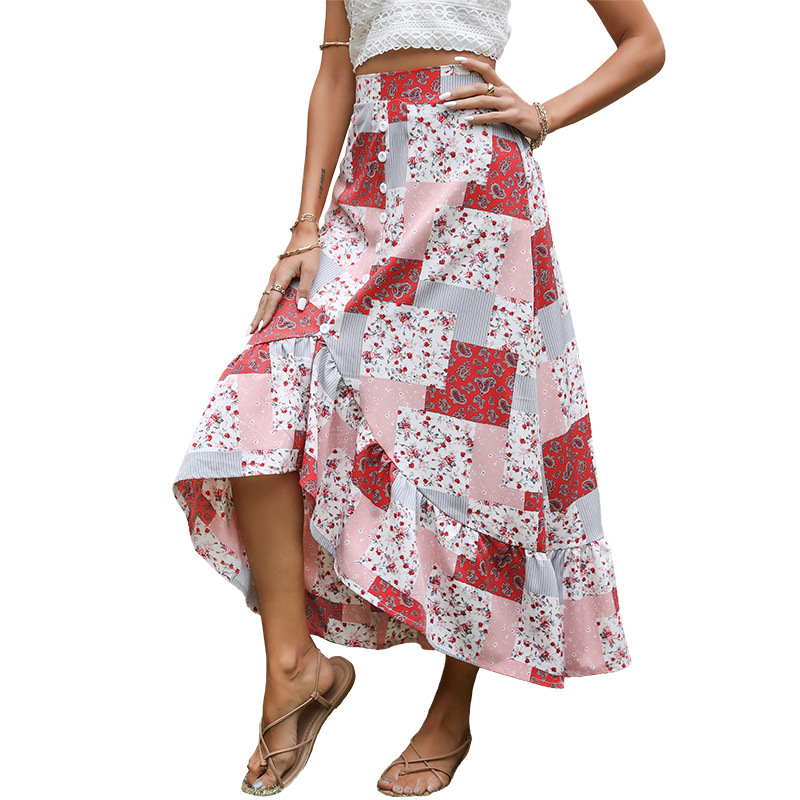 2021 Summer women's Irregular printing Chiffon High waist skirt